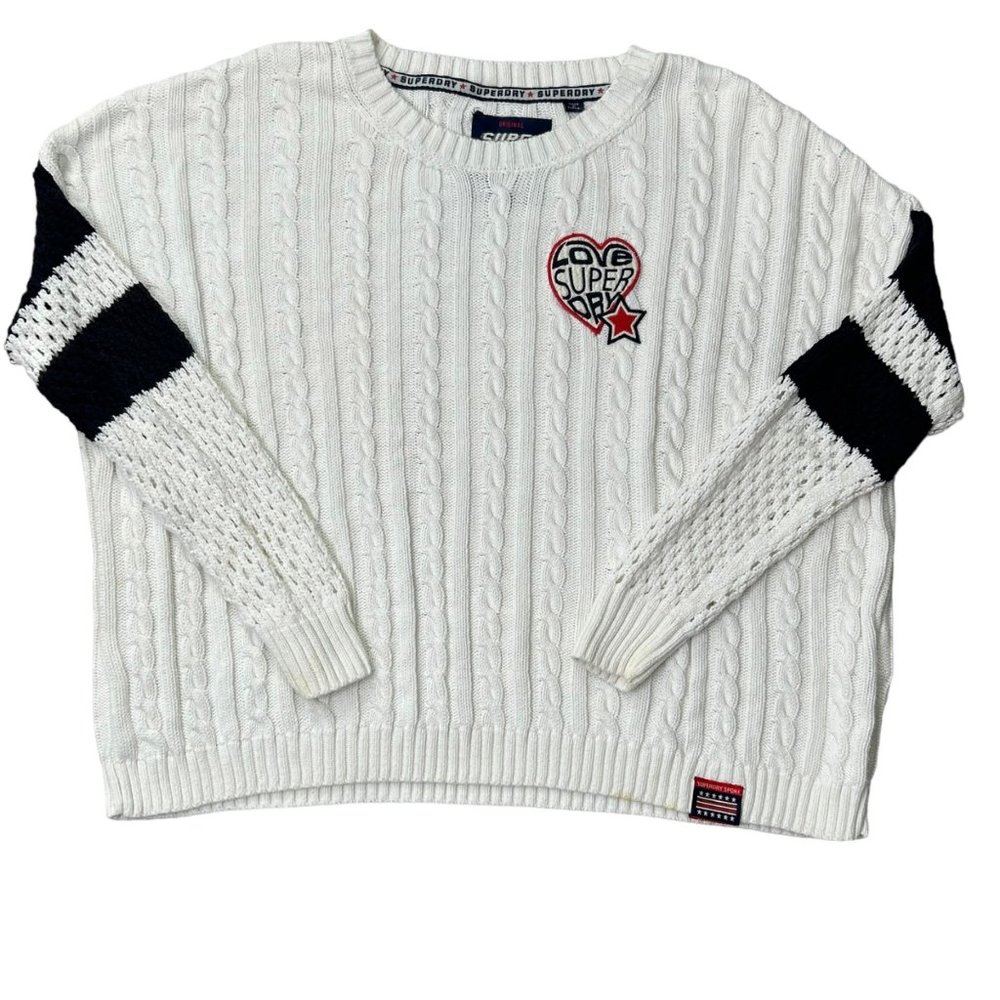 Superdry Sweater White‎ And Black Cotton Cable Knit Pullover Size XL